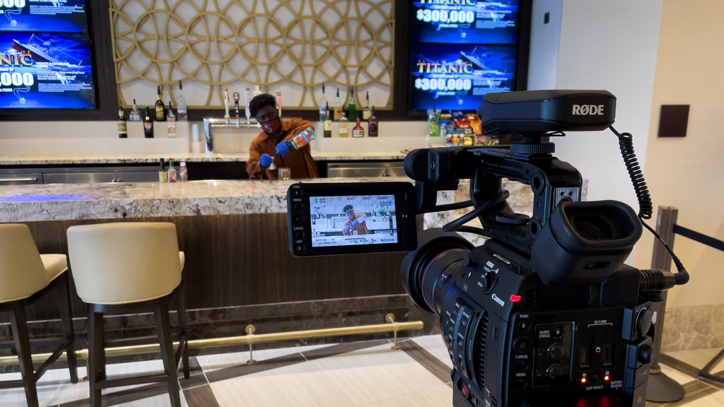 Soboba Casino employee making a drink in front of a camera