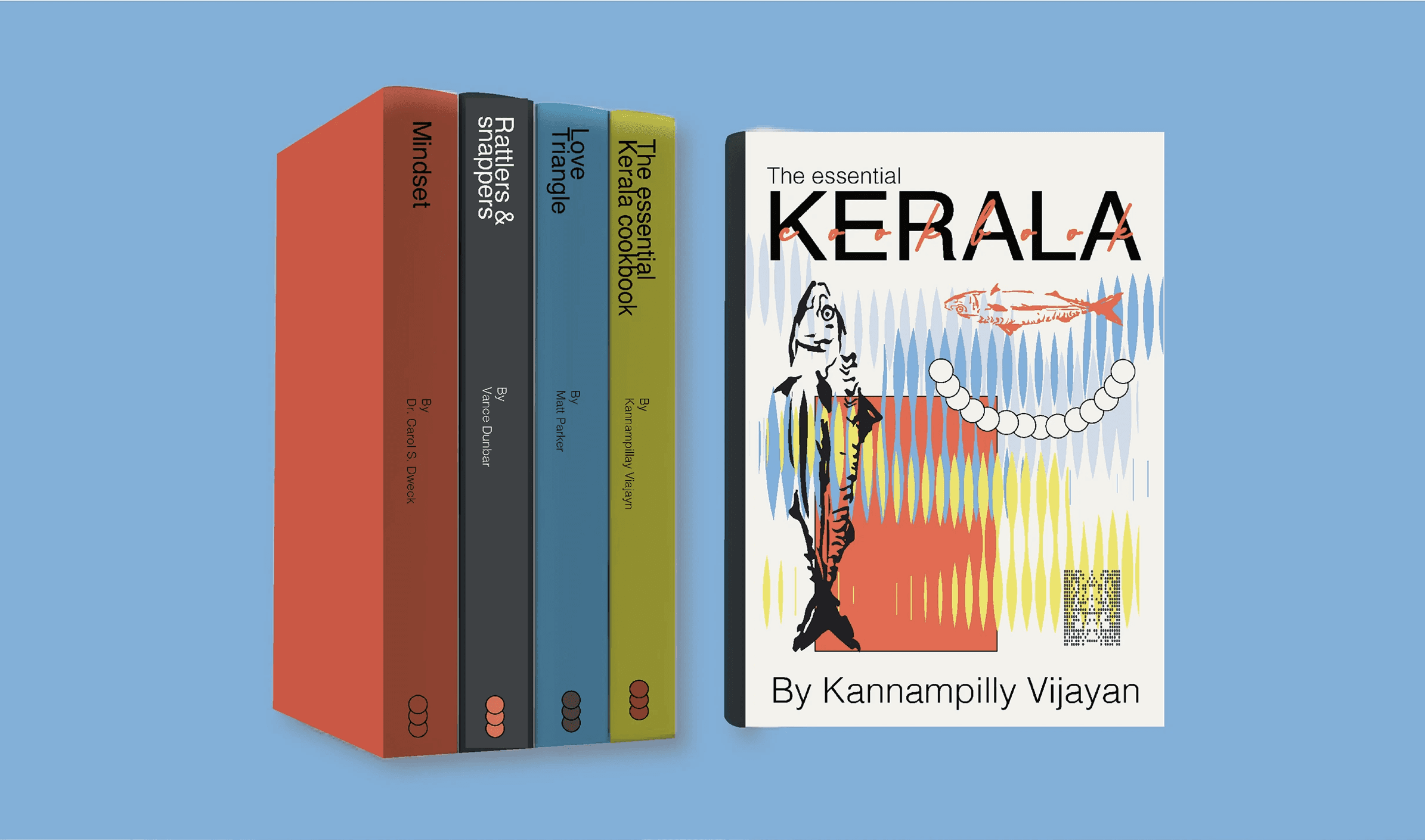 Collection of neo-modernist editorial book covers displayed with colorful spines and The Essential Kerala front cover.