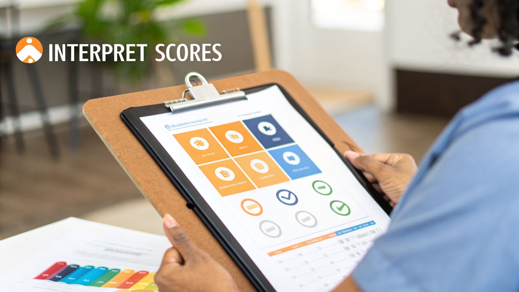 A professional holds a clipboard with a document displaying assessment scores, charts, and 'INTERPRET SCORES' text.