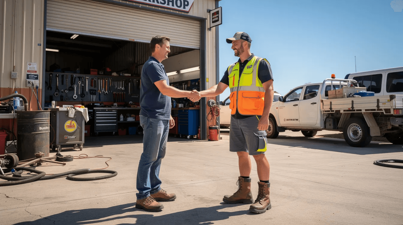 An Australian tradesperson in a high-visibility vest is shaking hands with another individual outside a workshop, surrounded by tools and vehicles, symbolizing collaboration and business growth. This scene reflects the importance of equipment finance and asset finance for tradies to meet their business needs and improve cash flow.