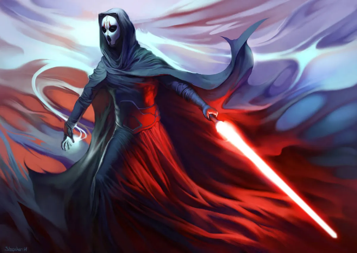 Darth Nihilus, cloaked in shadows, wields his red lightsaber with Force energy swirling around him, embodying his eerie and consuming presence.