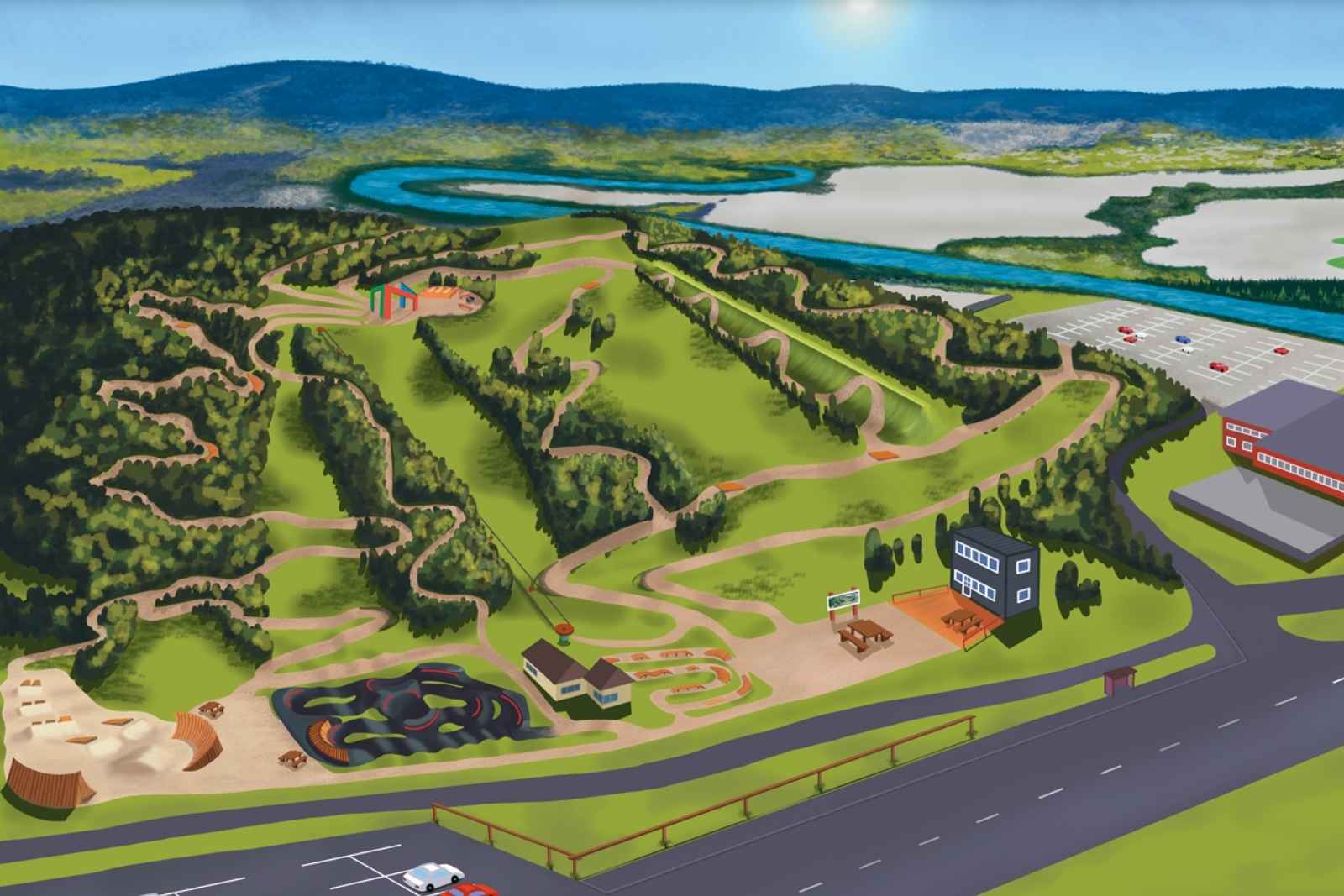 Illustrated destination map showing recreational areas, paths, buildings, water features, and surrounding landscape.