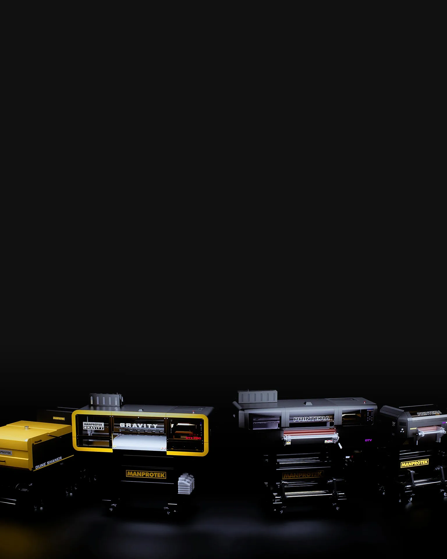 A comprehensive lineup of Manprotek DTF printers and equipment, including Gravity Pro and Dune Shaker, showcasing the brand's expertise in precision machine diagnostics and industry-leading troubleshooting support.