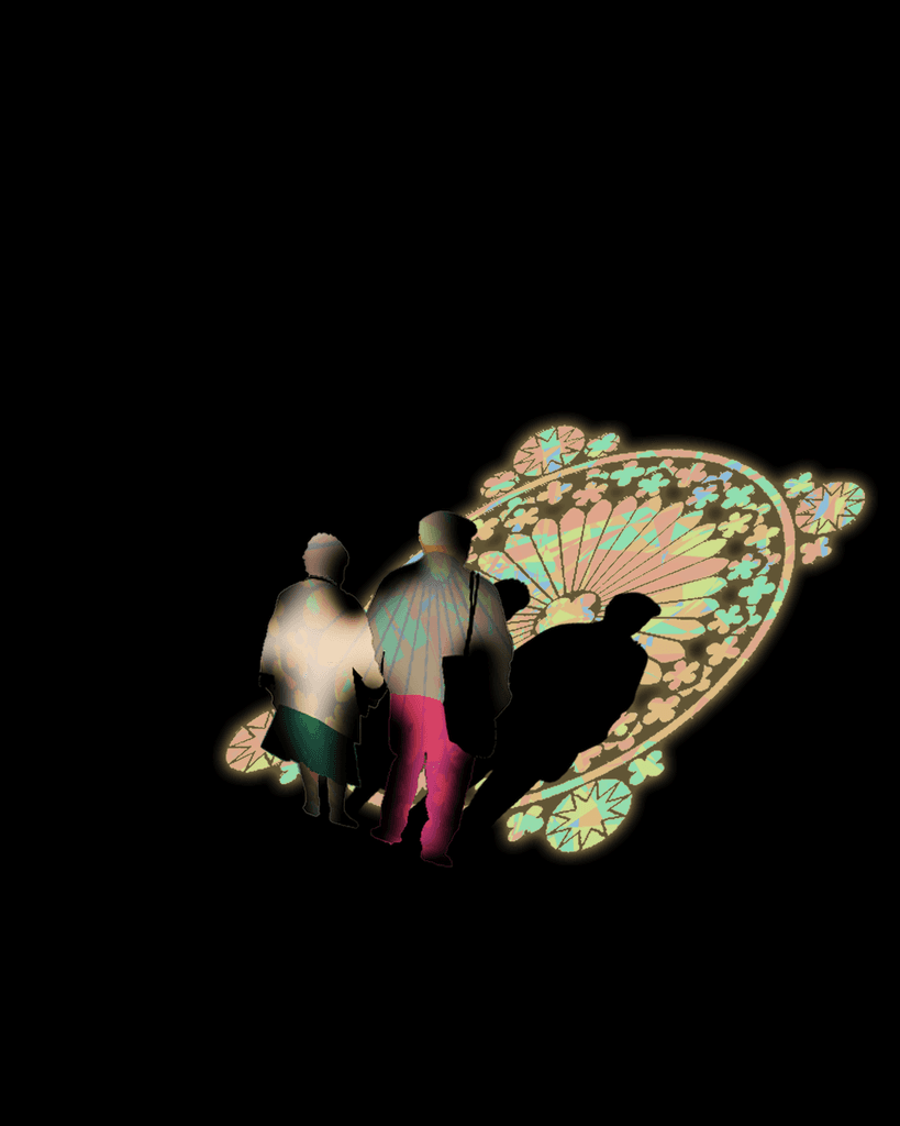 A couple of elders walking into the darkness but illuminated by the light through the glass of the church from behind