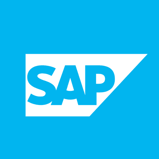 Logo of SAP, a technology company, featuring white text on a blue background with a triangular design.