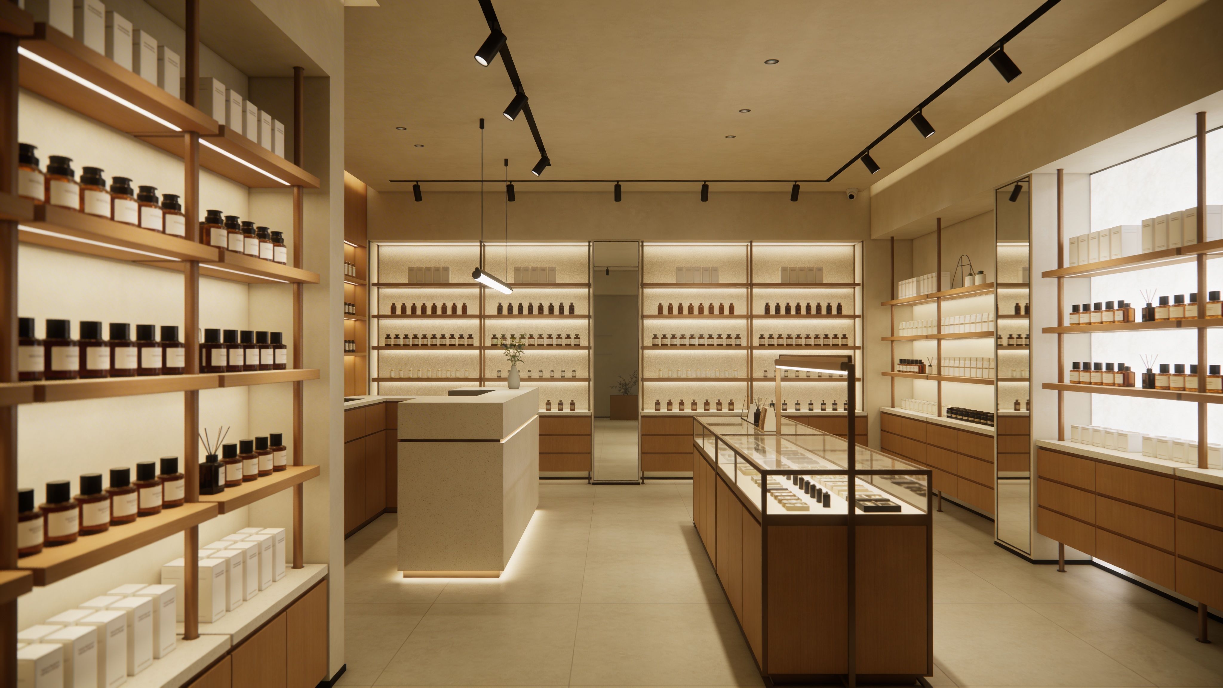 Warm-toned boutique store with wooden shelving and neatly arranged product bottles under ambient lighting