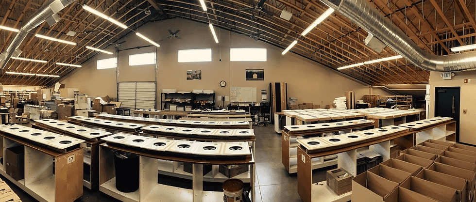 Factory floor with rows of shelves holding boxed products.