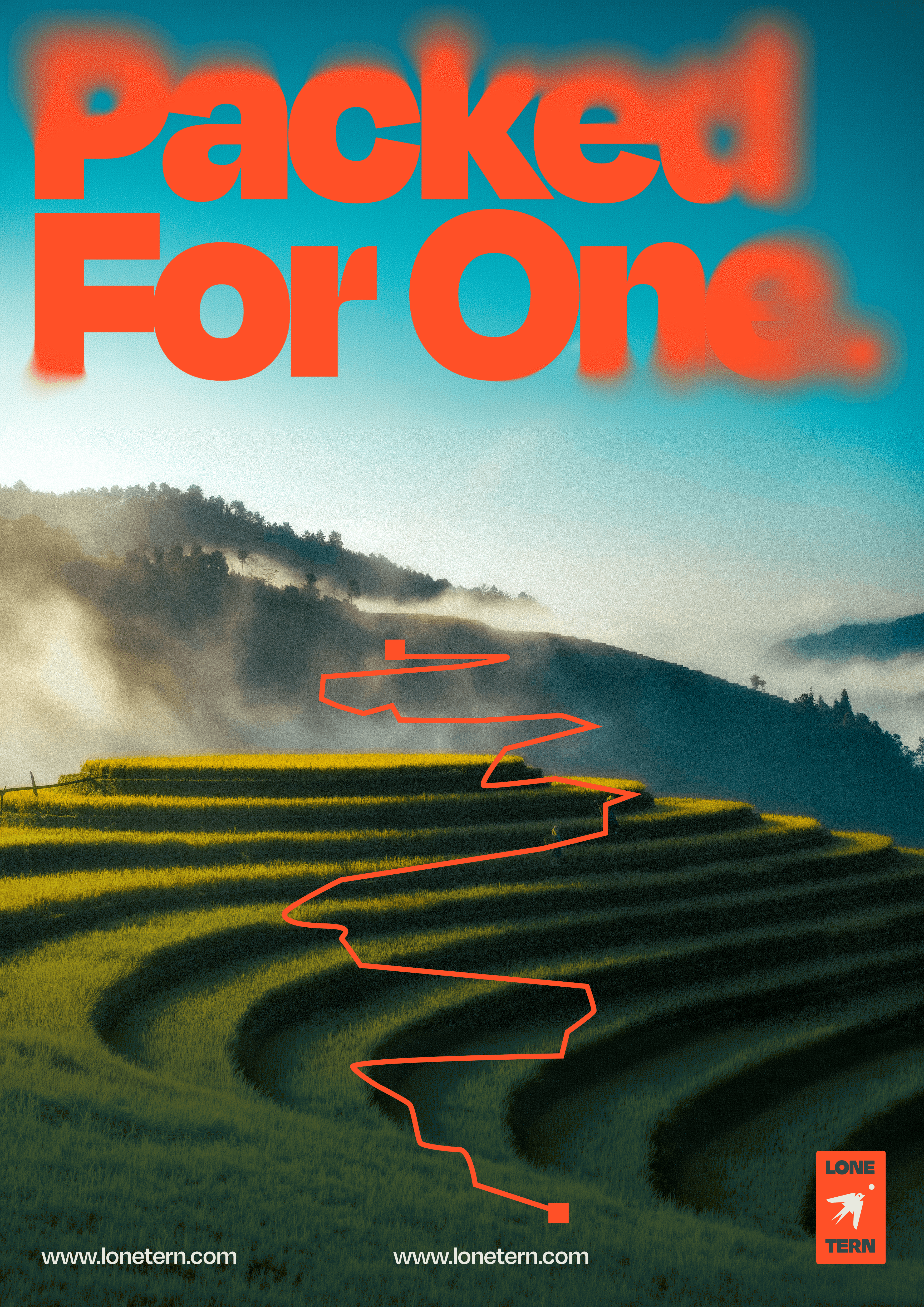 Poster “Packed For One.”: misty rice terraces with an orange hiking route drawn across them.