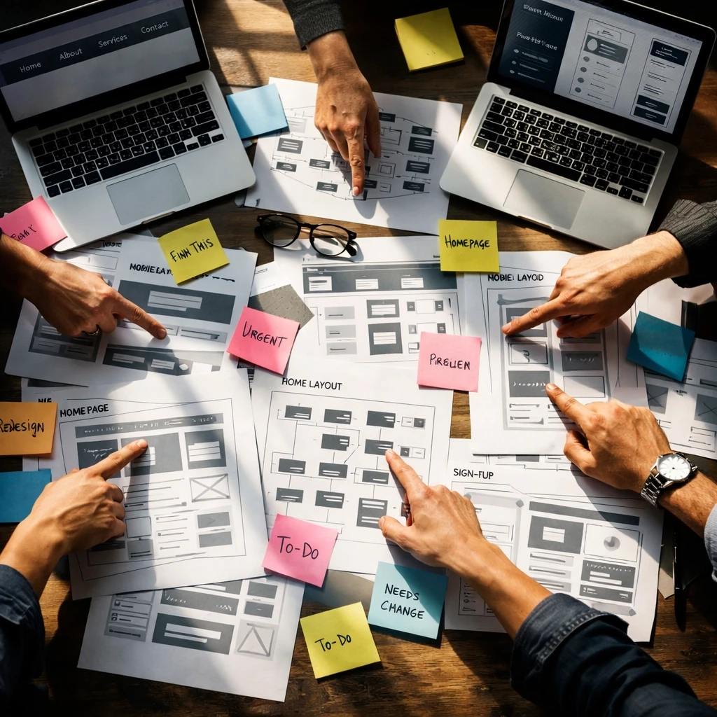 UX team debating information architecture and navigation structure in meeting