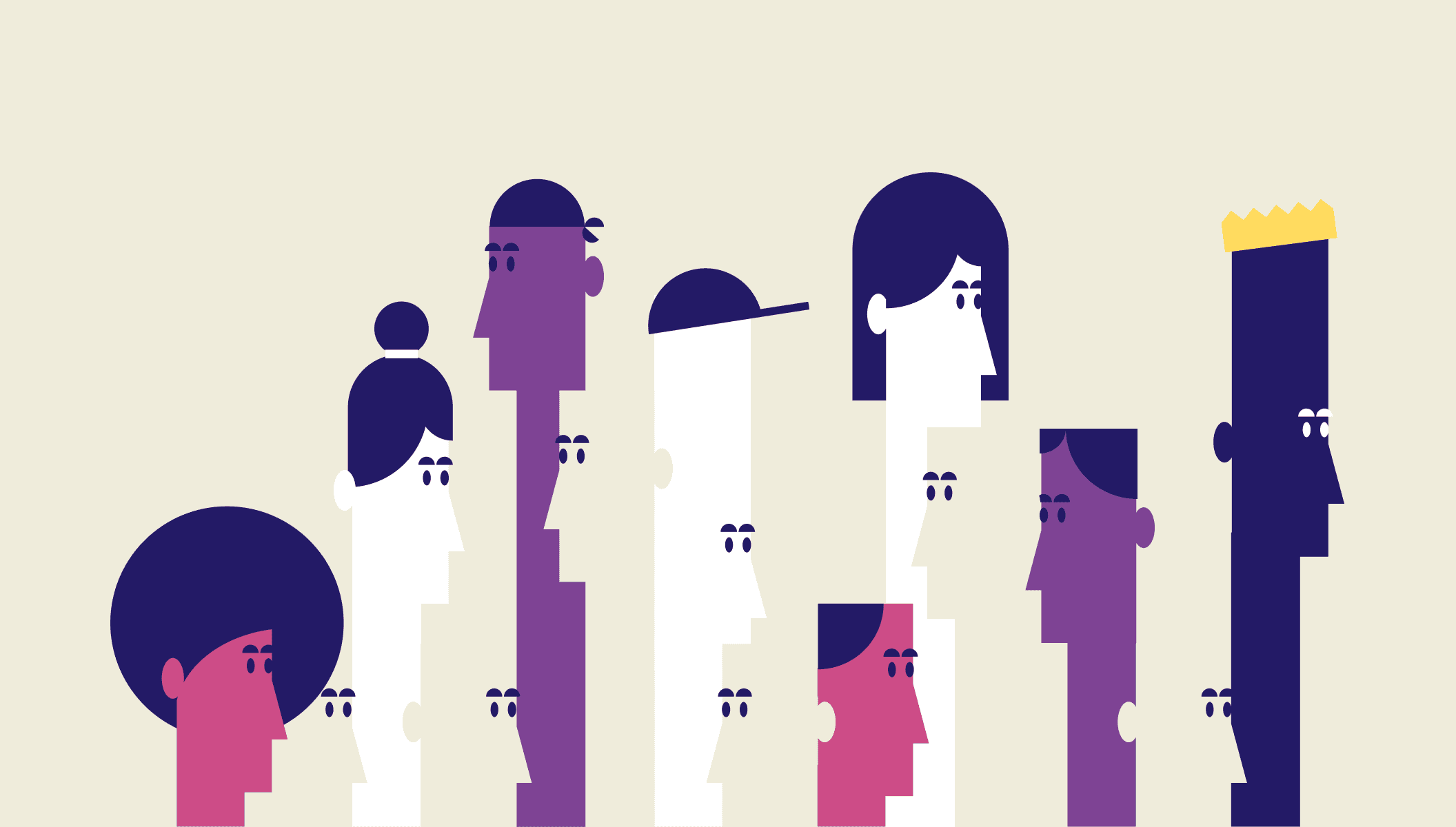 An abstract illustration of multiple vertically stretched heads. They’re all placed next to each other, giving an illusion of a puzzle.