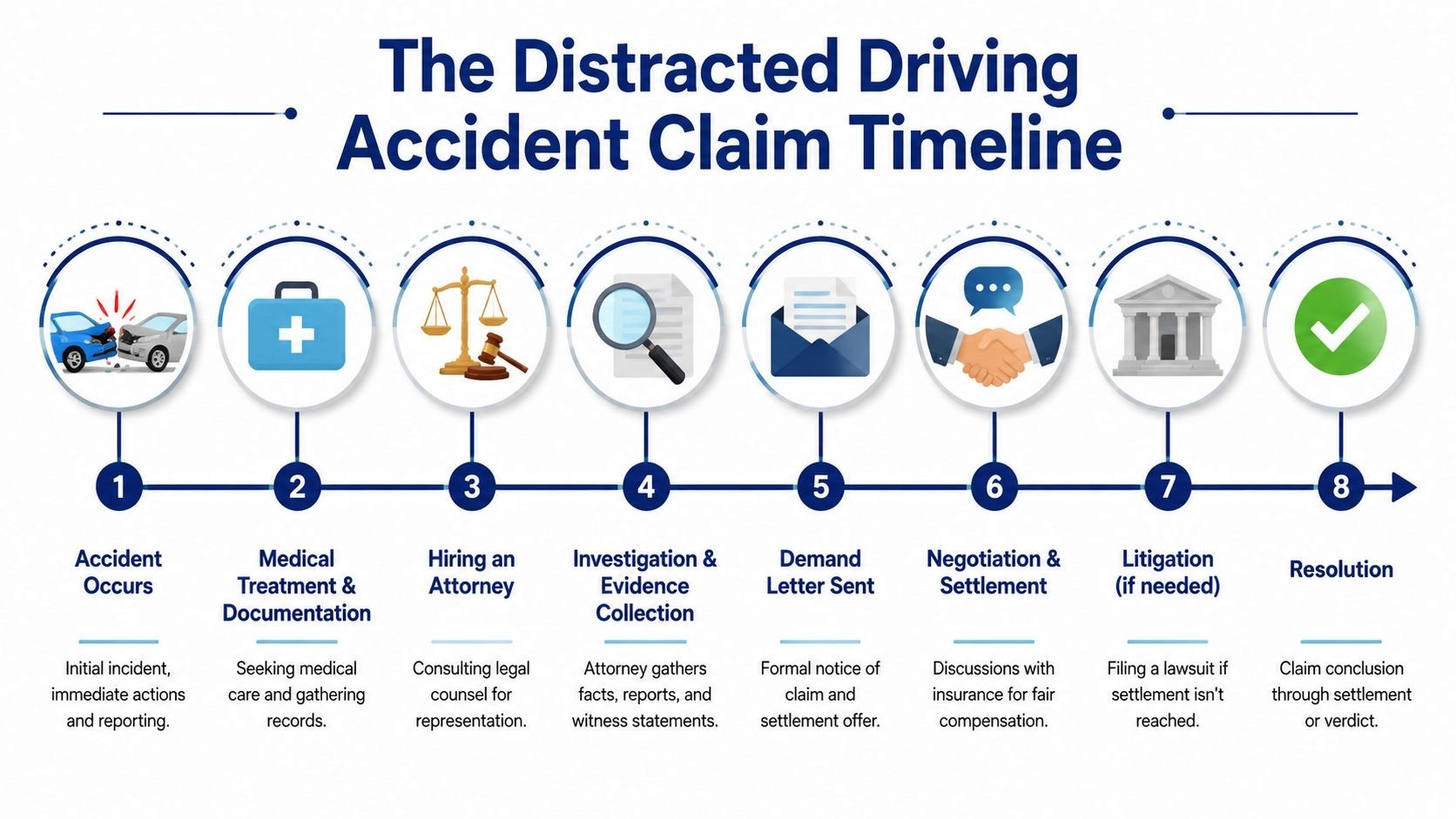 An infographic detailing the eight sequential steps involved in a distracted driving accident legal claim timeline.