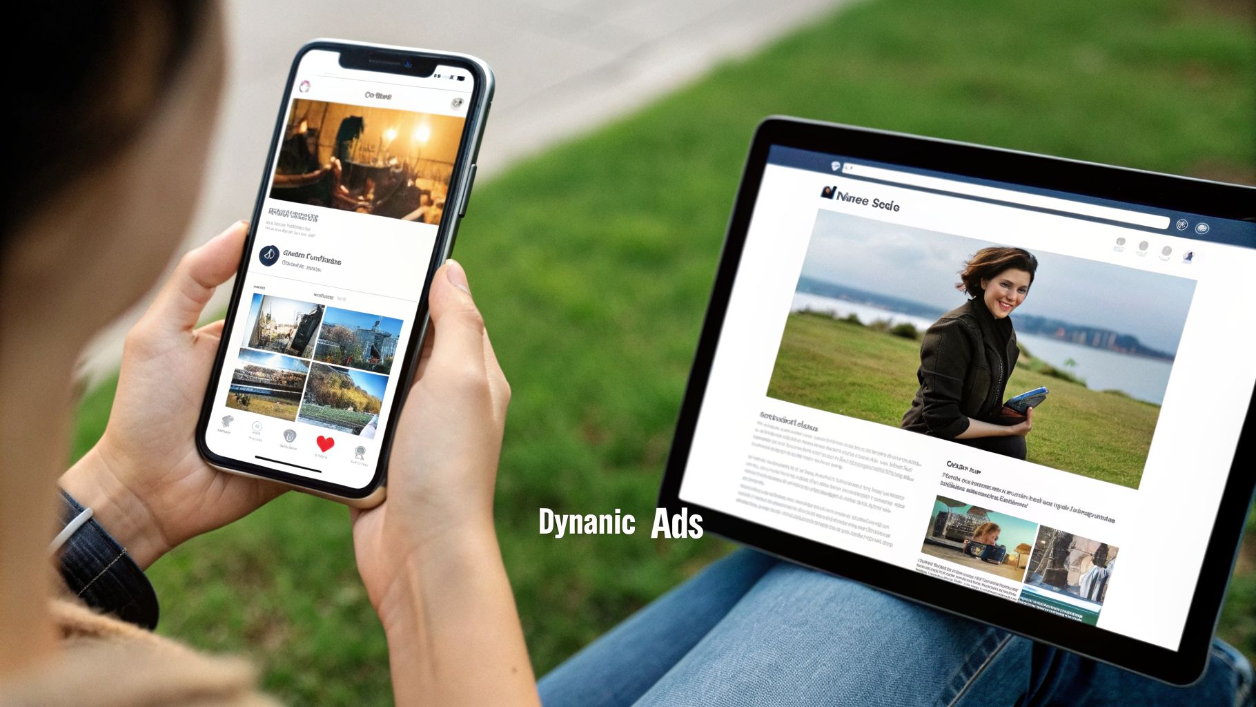 A person views dynamic ads on a smartphone and tablet outdoors, showcasing digital content.