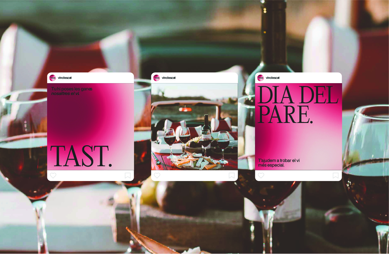 Wine social media visuals with bold typography and warm gradient overlays on lifestyle imagery