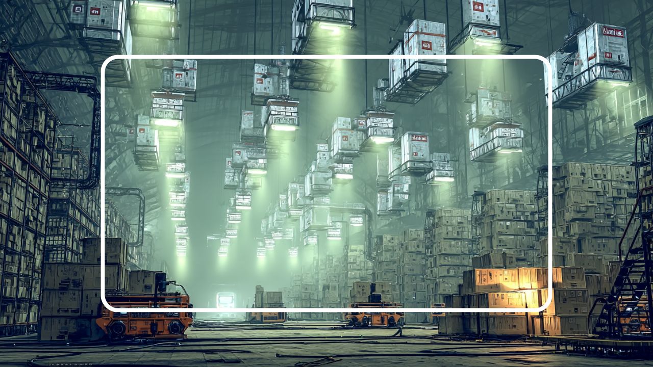 Futuristic warehouse with glowing suspended cargo crates and stacked boxes, illuminated by overhead green lights