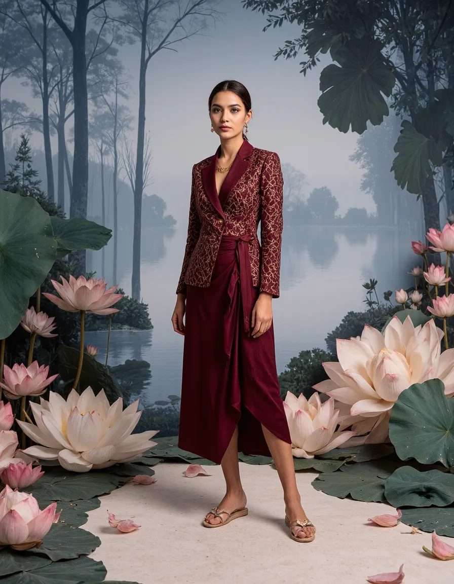 Elegant burgundy outfit with embroidered blazer and wrap skirt, surrounded by blooming lotus flowers in a misty forest landscape.
