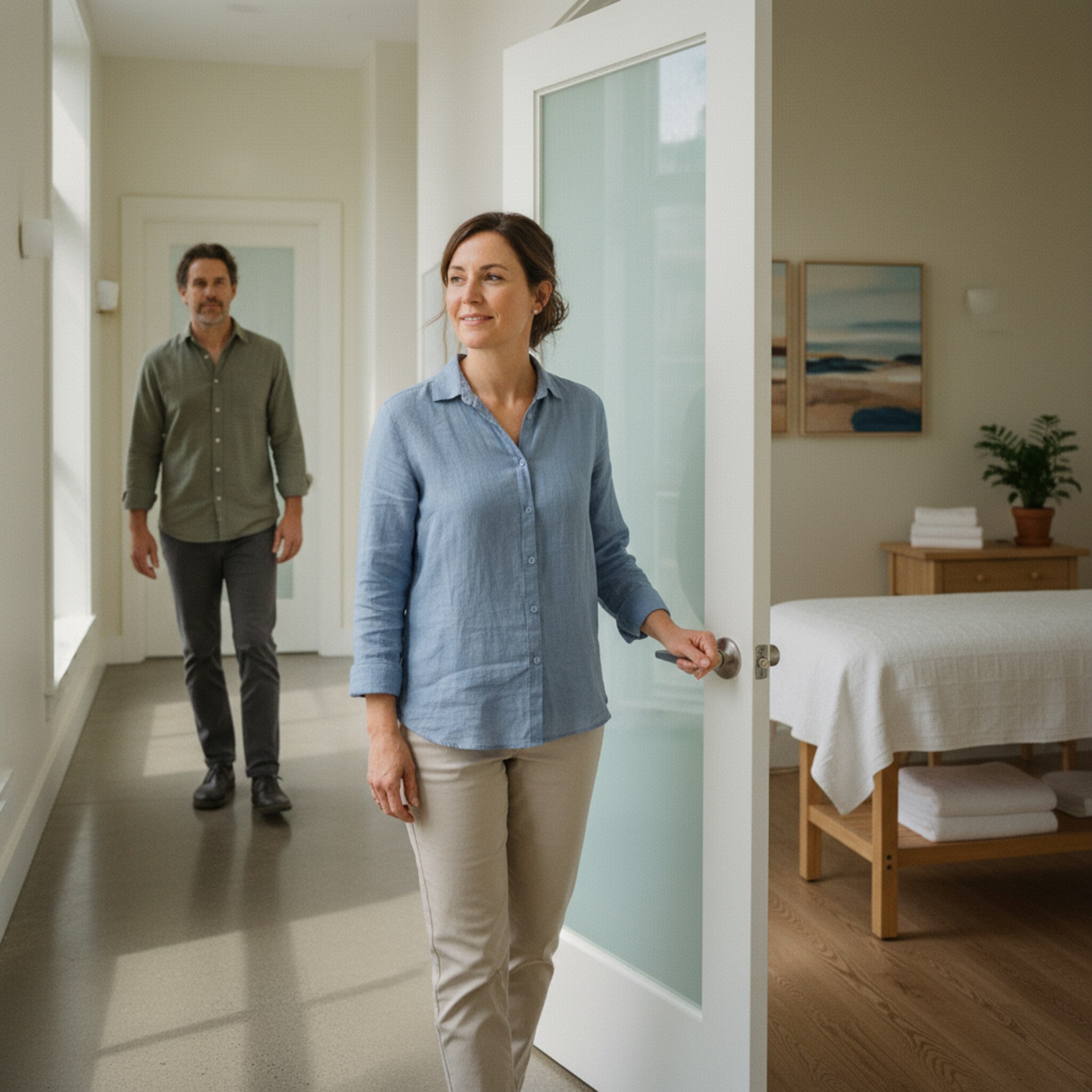 Eine Therapeutin öffnet die Tür zu einem hellen Behandlungszimmer, während ein Kollege ruhig den Flur entlanggeht. Sonnenlicht fällt auf eine bereitstehende Liege und frische Handtücher. Die Szene wirkt geordnet, als wäre der nächste Termin klar eingeplant und ohne Überschneidung vorbereitet.