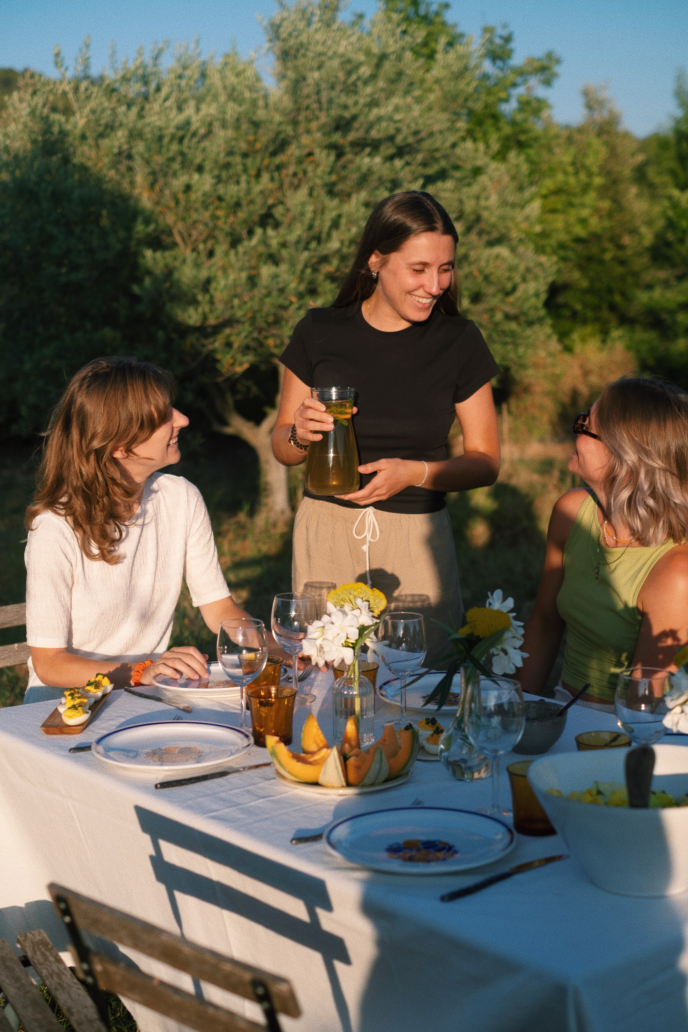 Two people talking on a walk