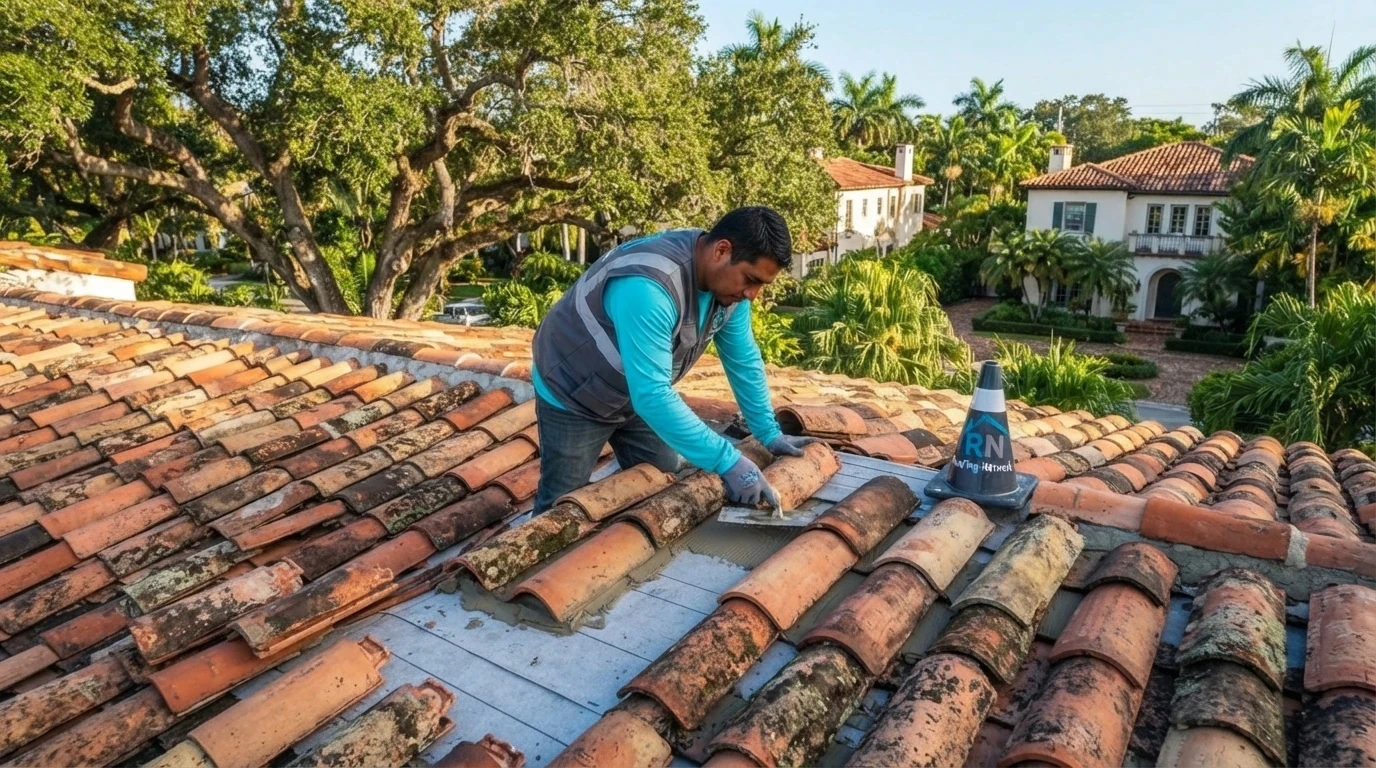 Salvaged clay barrel tile being relaid on a historic Coconut Grove home in Miami