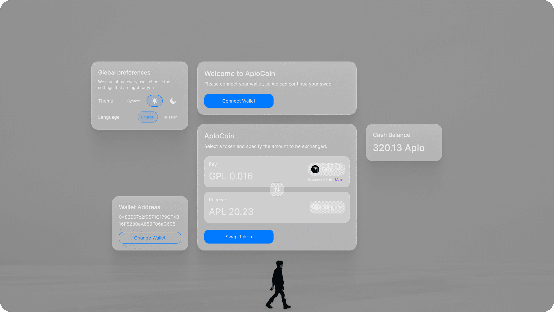 Light-mode Aplocoin dashboard showing wallet balances, staking cards and real‑time crypto rates with DeFi integration.