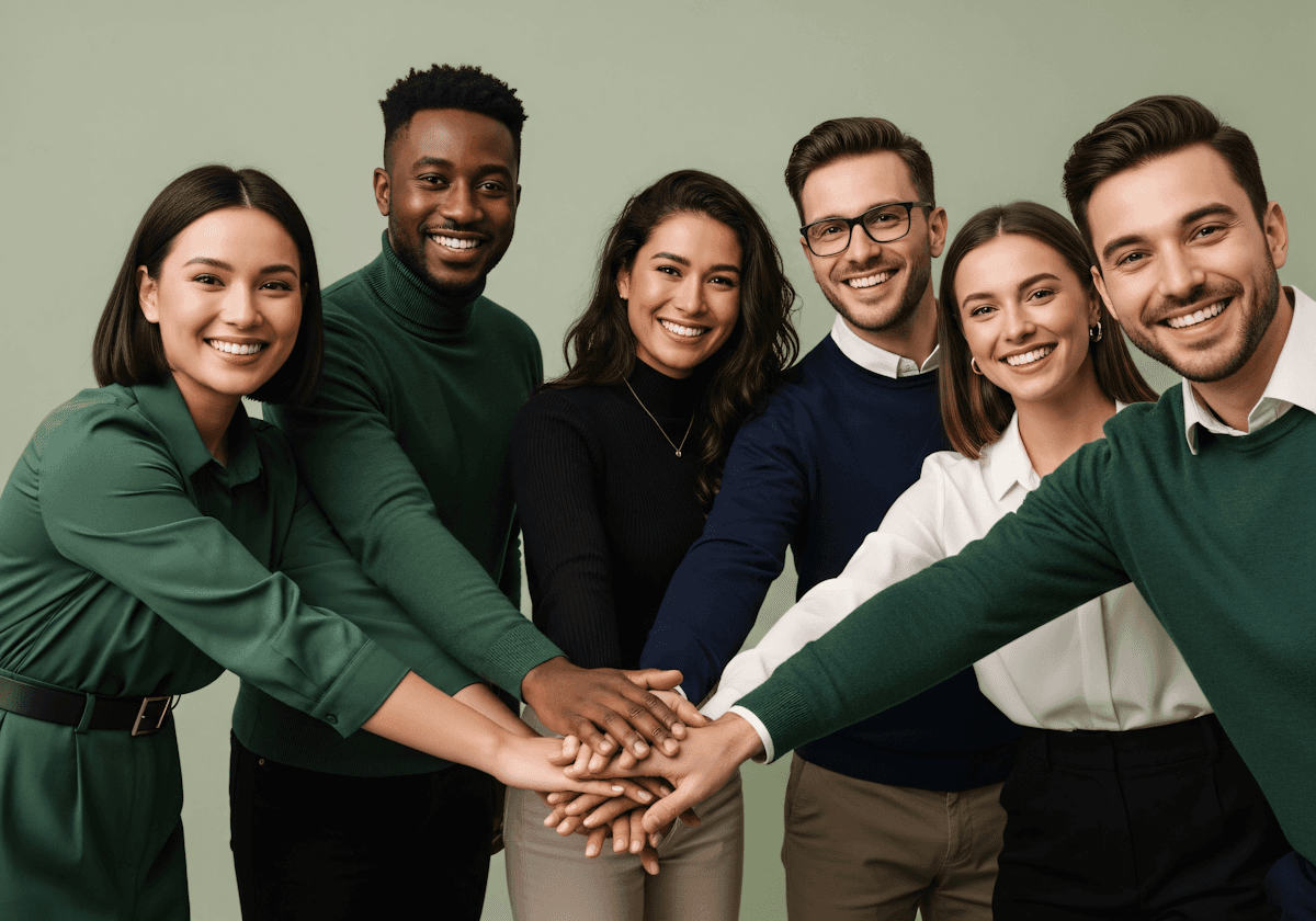 Diverse team of six people with hands piled in the center, smiling.