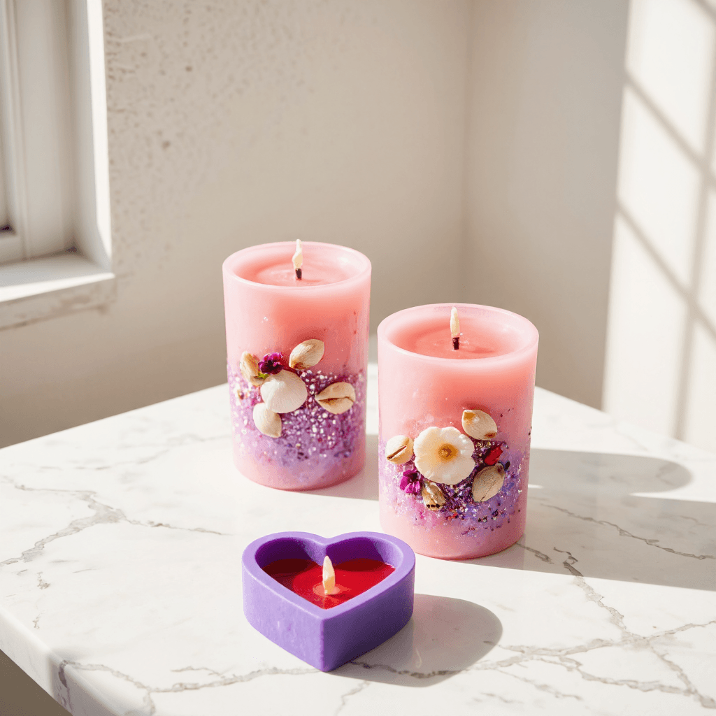 product photography of set of decorative candles and a heart-shaped mold