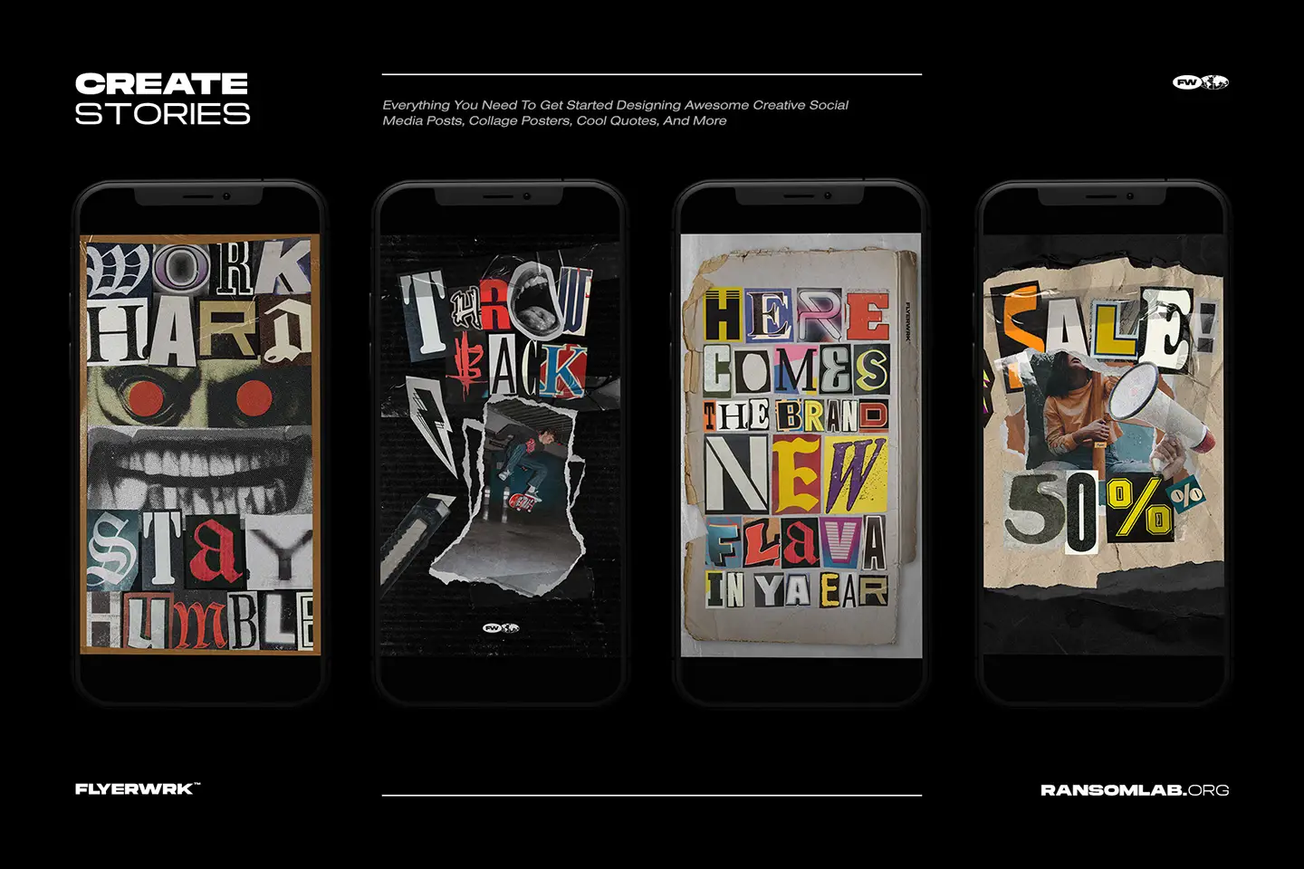 RansomLab creative social media story designs using colorful cut out alphabet letters and collage elements