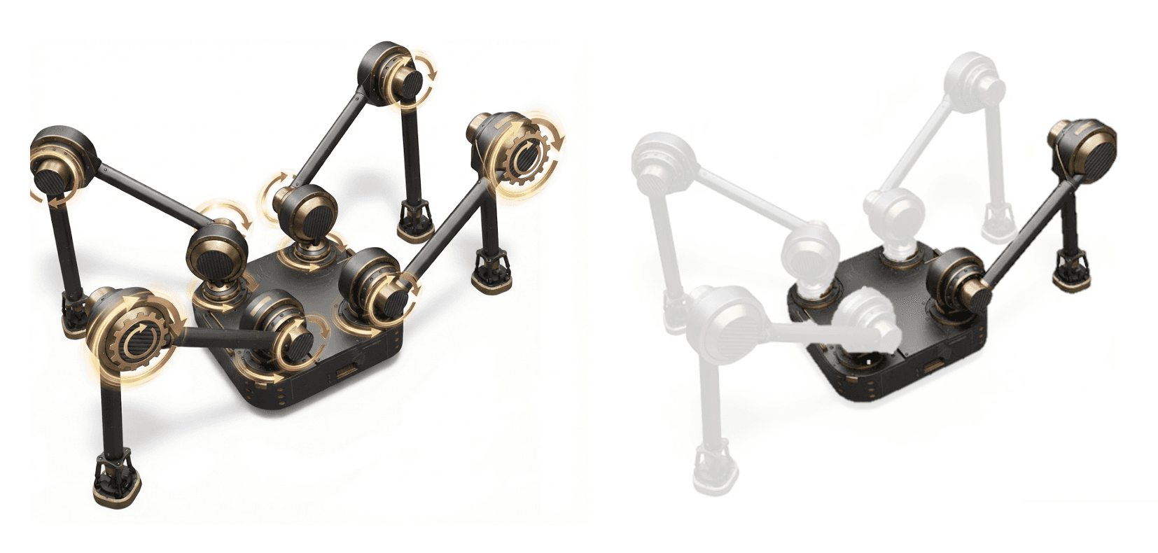 The body of a magnetic-foot quadruped and its four magnetic feet. The limit of adhesion, the limit of friction, and the dependency of the supporting legs all have to be satisfied together, at every instant, for the robot to move on a steel structure.