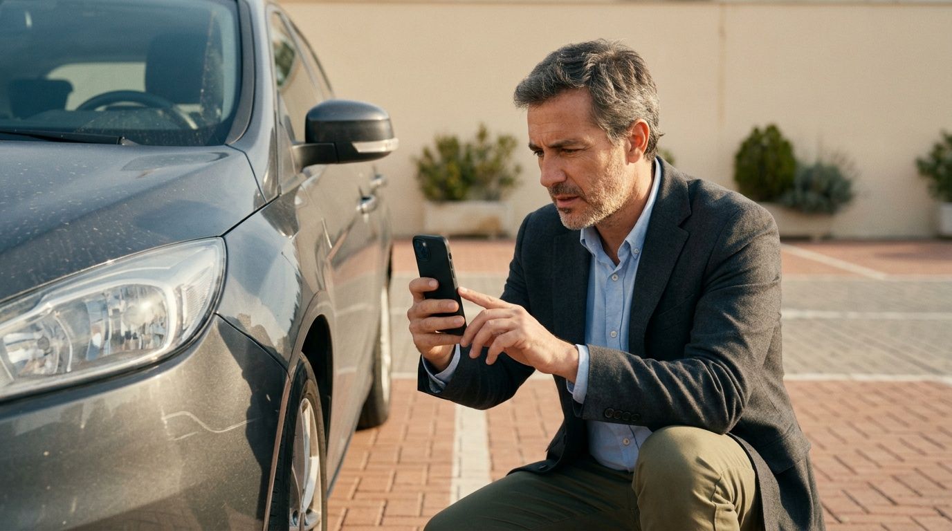 Hombre con traje y camisa azul agachado junto a un coche gris, usando un smartphone para fotografiar o inspeccionar daños.