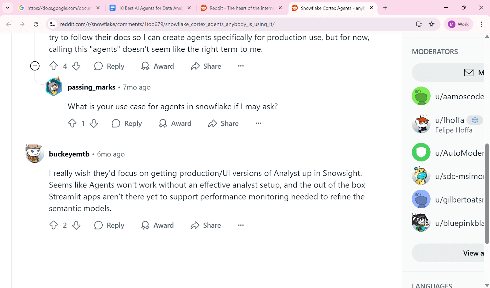 Reddit discussion about Snowflake Cortex Agents and concerns around production readiness and analyst setup