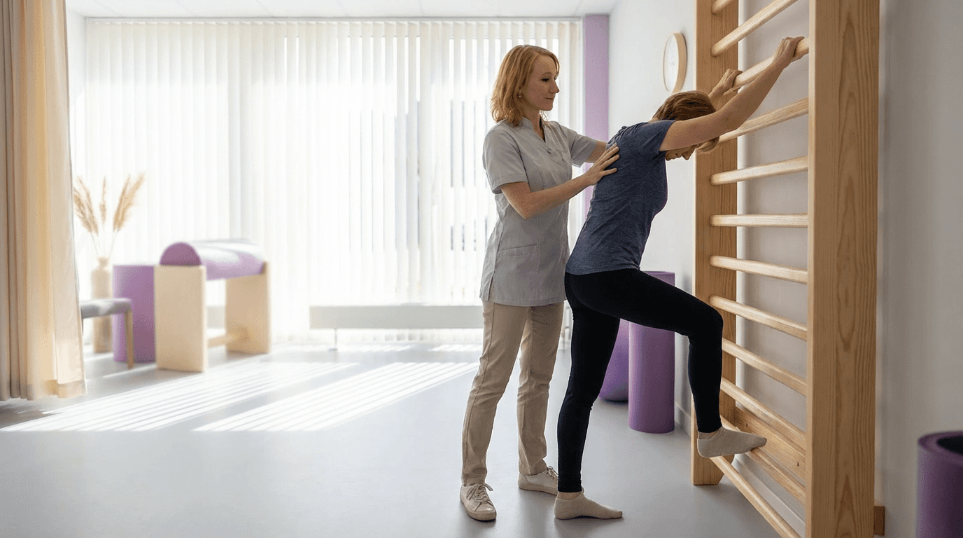 Krankengymnastik mit Therapeutin und Patientin an der Sprossenwand in moderner Physiotherapiepraxis