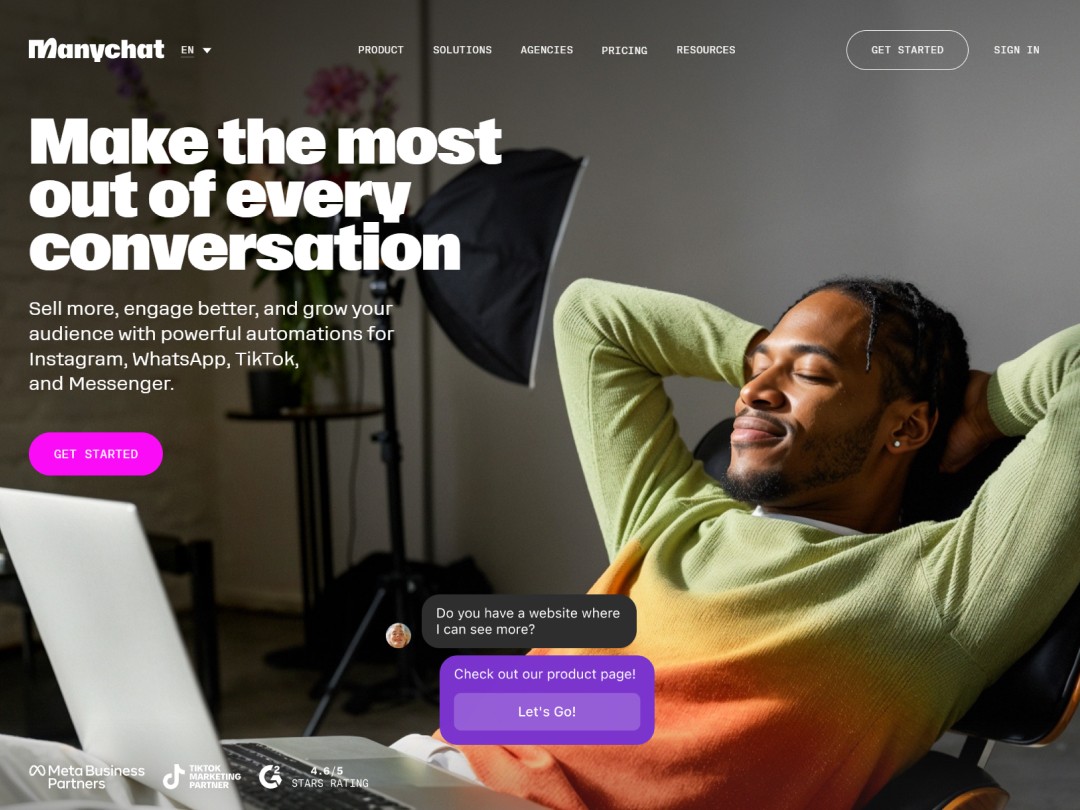 Manychat website hero section with a relaxed man in frond of his laptop