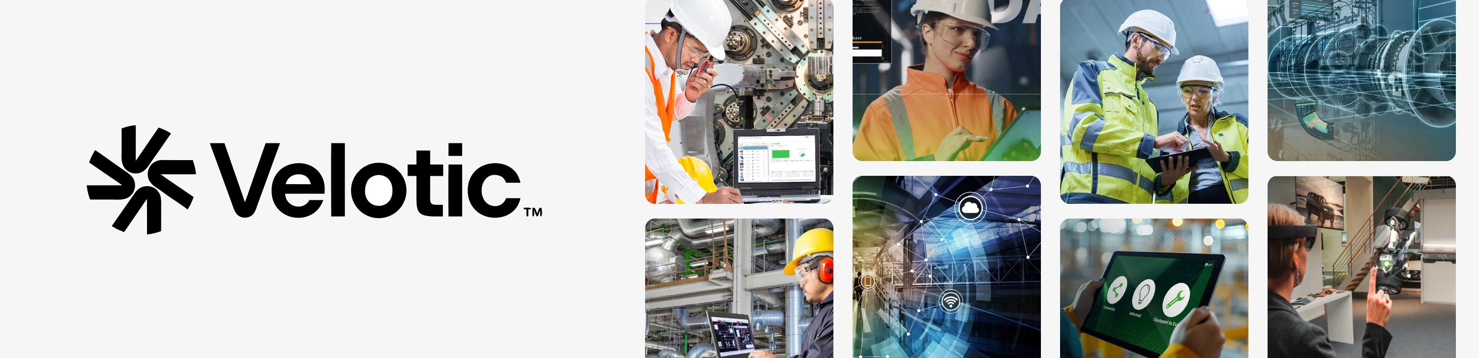 Velotic logo beside a grid of photographs showing workers in hard hats using laptops at machinery, technicians in high-visibility clothing reviewing a tablet, a turbine drawn in teal wireframe, a connectivity graphic with cloud and wireless icons, and a person wearing a mixed reality headset beside industrial equipment.