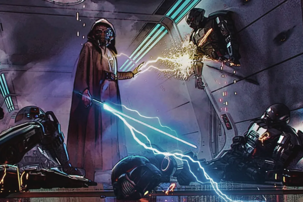 Jedi Master Plo Koon using Electric Judgment, a controlled form of Force lightning, against enemy droids while wielding a blue lightsaber. His hooded cloak adds to his imposing presence as sparks fly from his attack. The intense lighting and shattered droids emphasize his power and unique abilities within the Jedi Order.