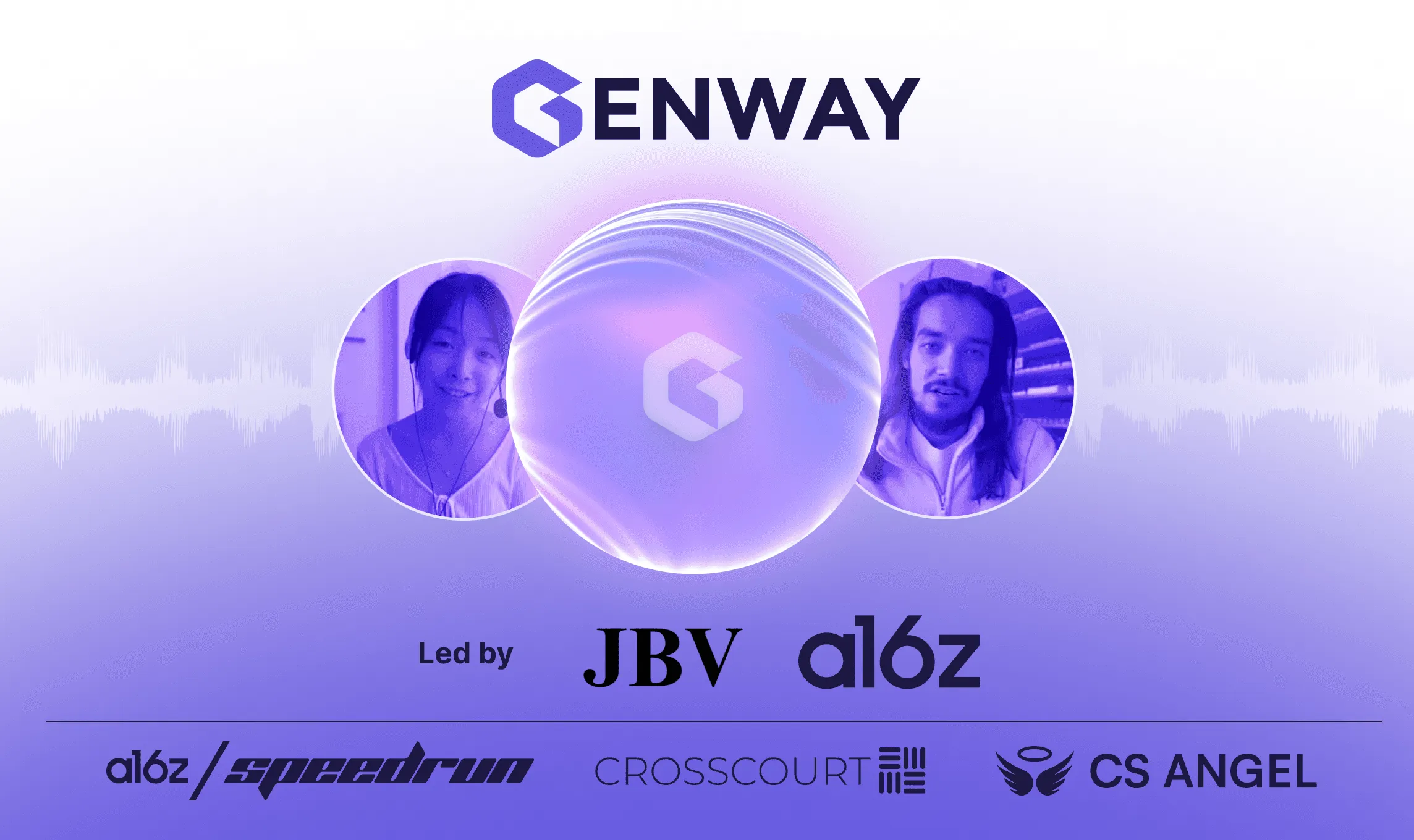 A purple-themed graphic for Genway featuring a central glowing orb, two portrait circles, and partner logos including JBV, a16z, and CS ANGEL.