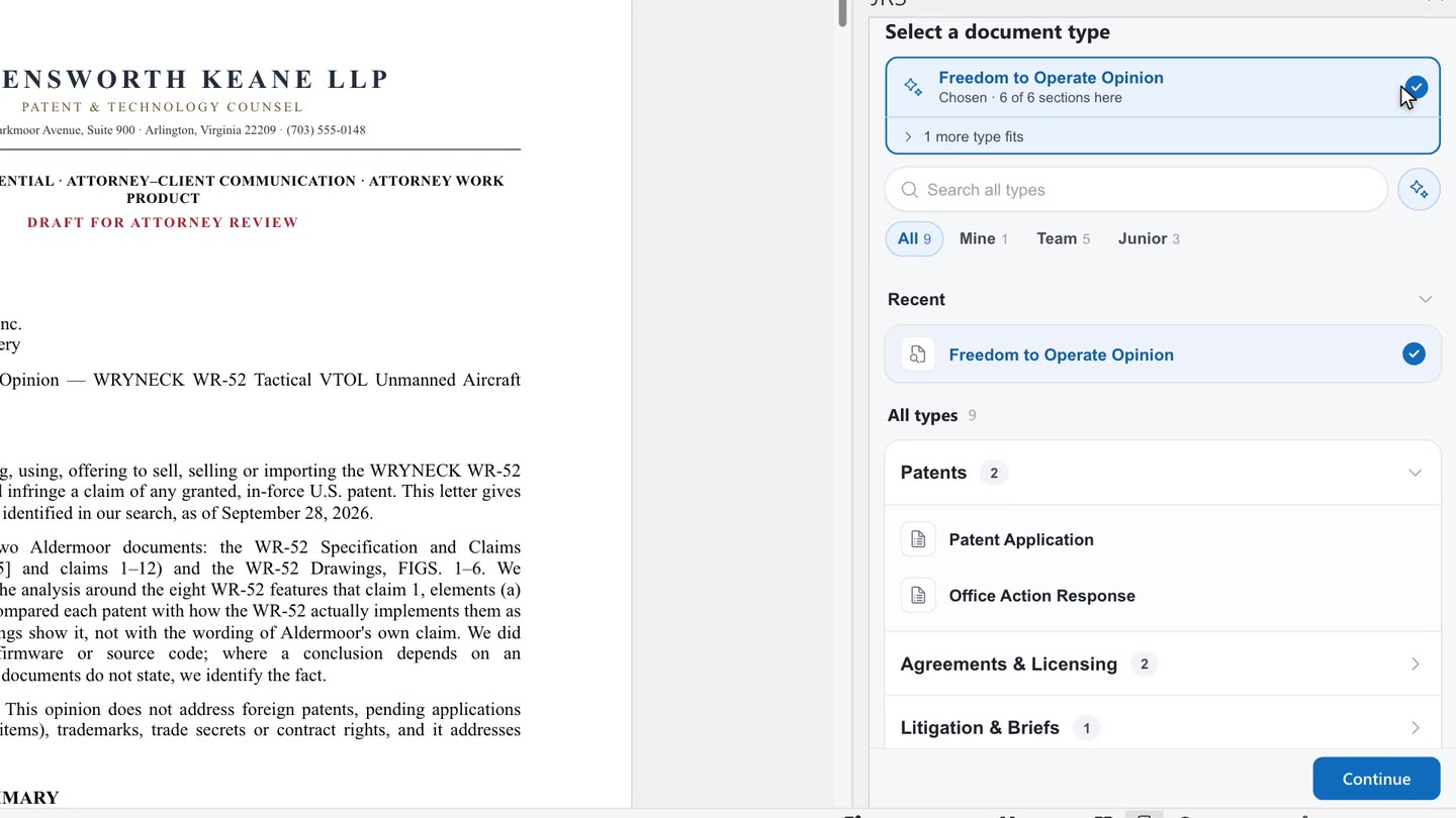 The draft opinion in Microsoft Word; the JR3 task pane offers the Freedom to Operate Opinion type (six of six sections found), then Unified Drafting jumps between sections