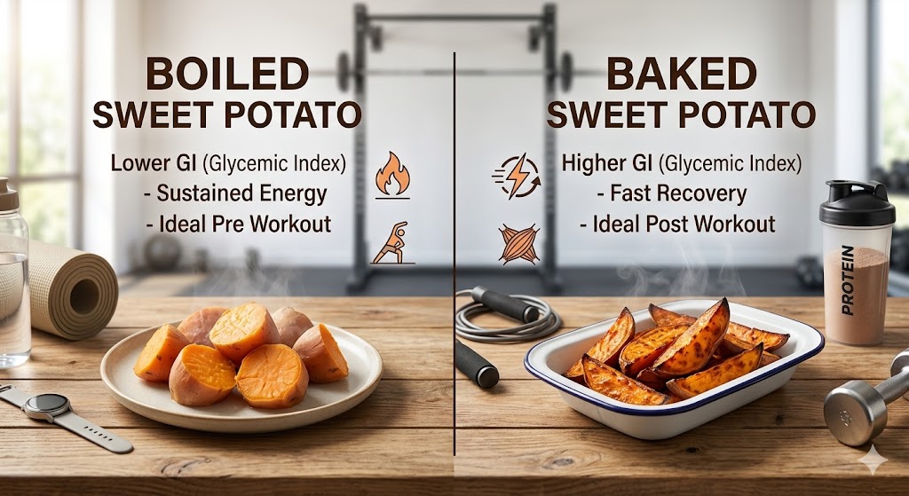 A side-by-side comparison infographic of boiled and baked sweet potato for fitness nutrition. The left shows boiled sweet potato as lower GI for sustained energy pre-workout. The right shows baked sweet potato as higher GI for fast recovery post-workout. Background includes gym equipment.