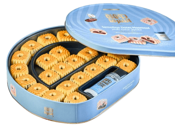 Semolina Dates Maamoul blue gift tin, front view