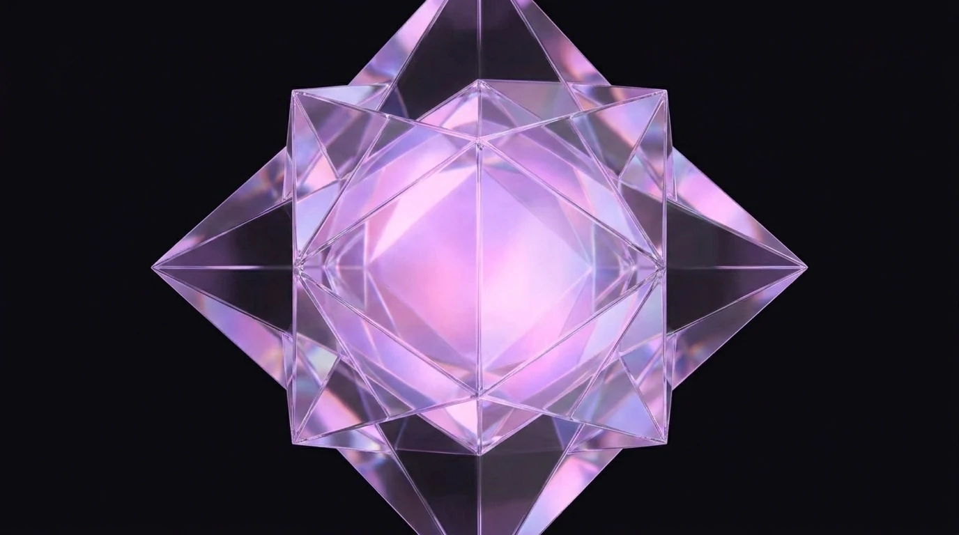 A sleek, abstract representation of transparency with a geometric crystal structure glowing in magenta and violet.