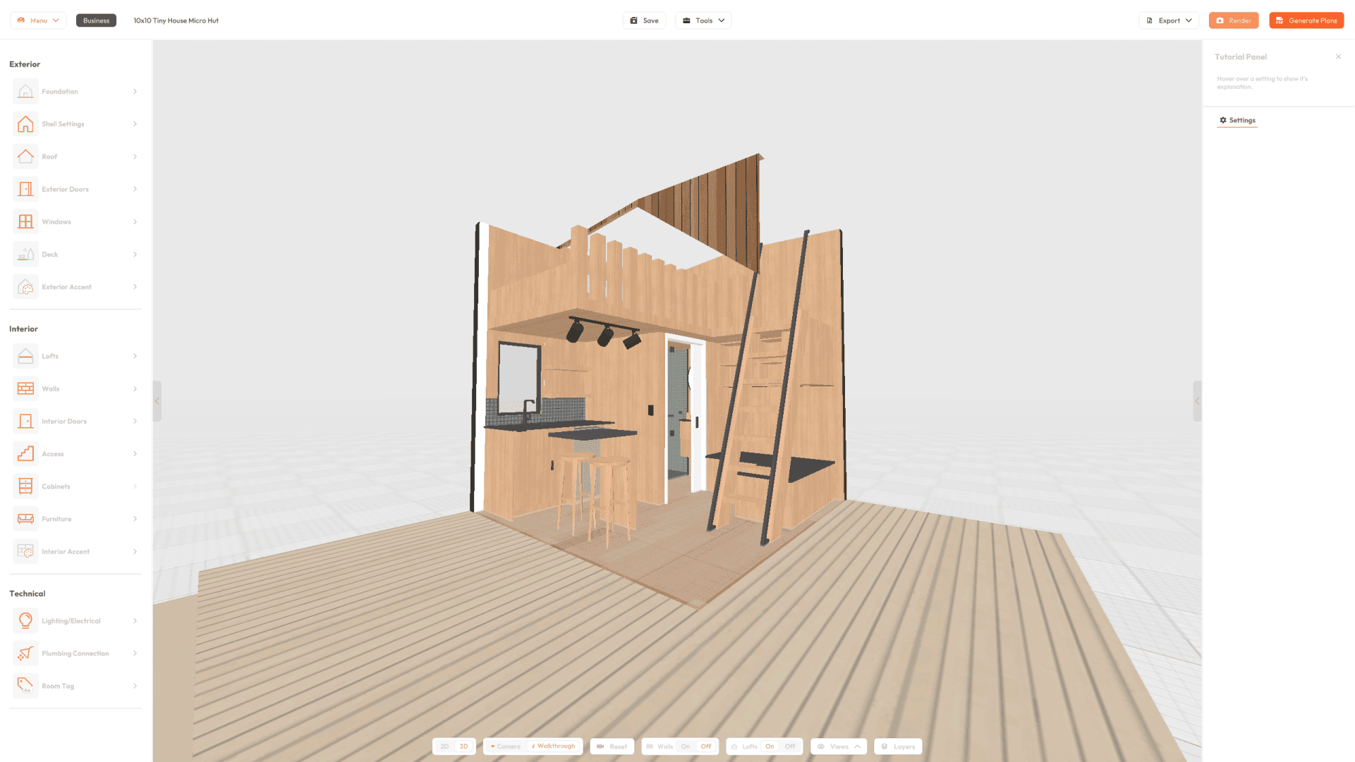 Modify Micro Hut in our 3D Tiny House Design Software and download your 10x10 tiny house plans
