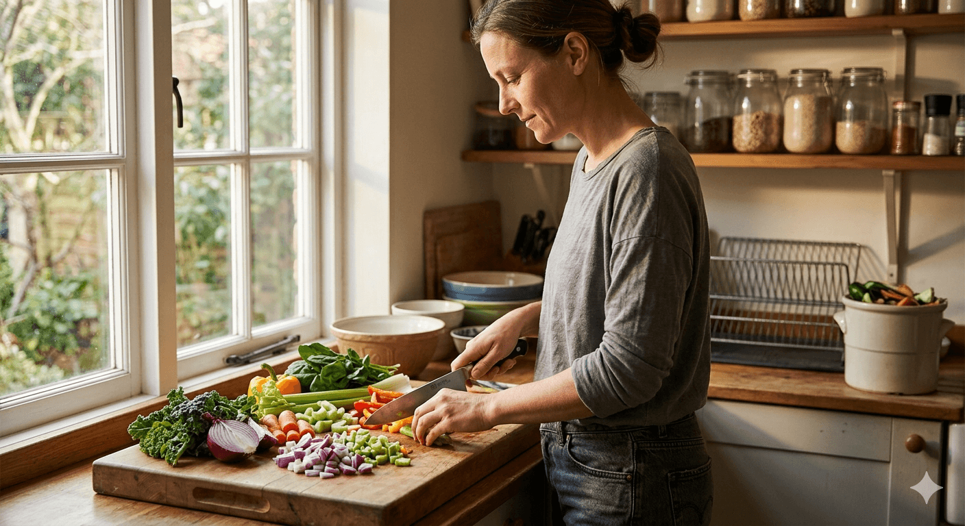  Woman chopping vegetables in kitchen — food-based approach to reducing belly fat without exercise