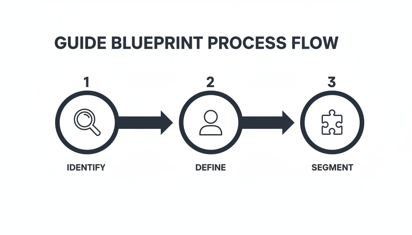 Guide blueprint process flow: Identify, Define, Segment with magnifying glass, person, and puzzle icons.