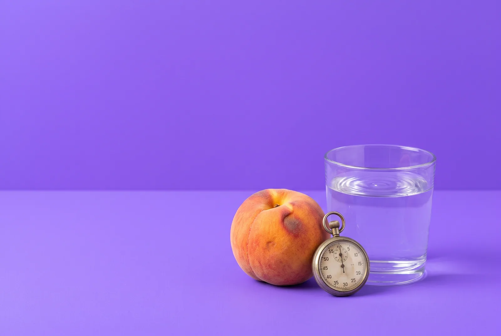 A bruised peach beside a stopwatch and a rippling glass of water, the body's symptoms of betrayal trauma