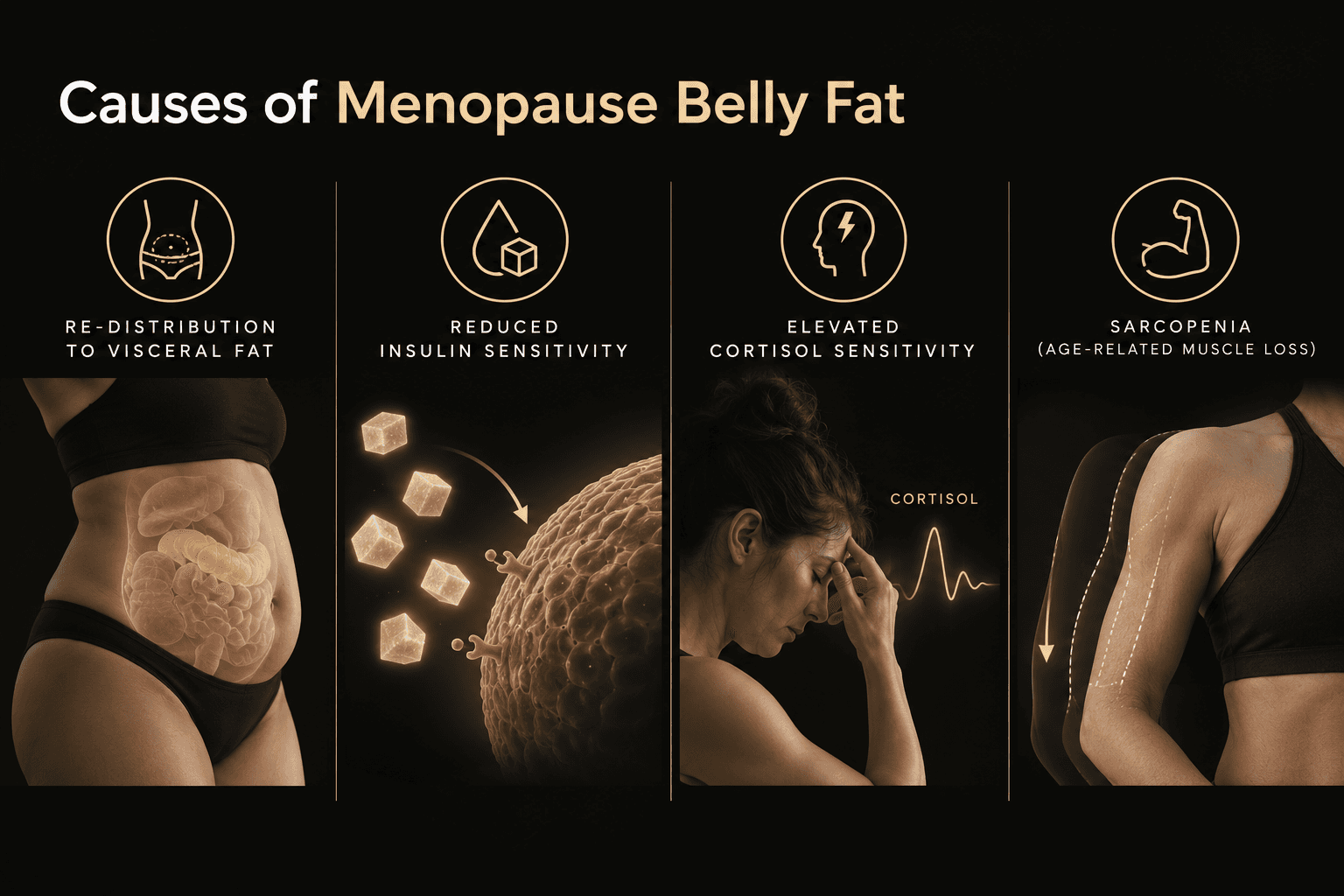 Infographic showing the scientific causes of menopause belly fat.