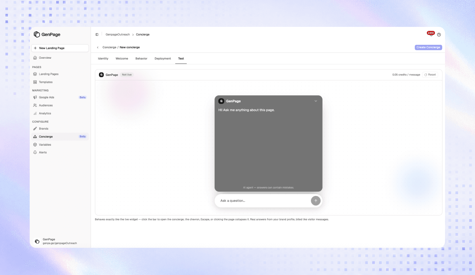 The GenPage Concierge AI agent can answer visitor questions directly on a landing page
