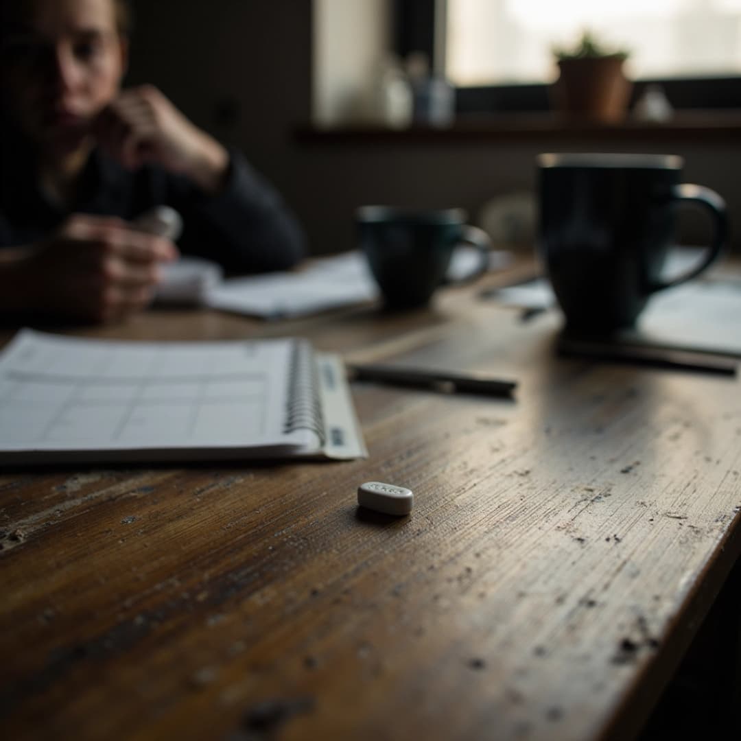 eine pille, die auf einem holztisch liegt
