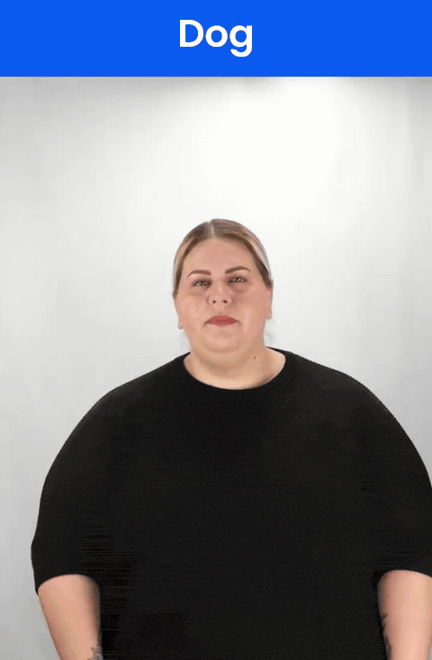 Animated GIF: a Deaf signer signs DOG in ASL, snapping the middle finger and thumb in front of the chest.