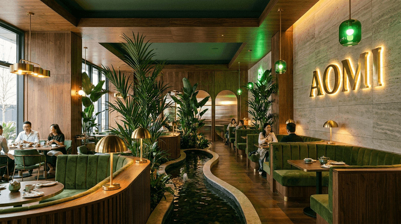 AOMI rooms — botanical interiors shifting from green daylight to candlelight