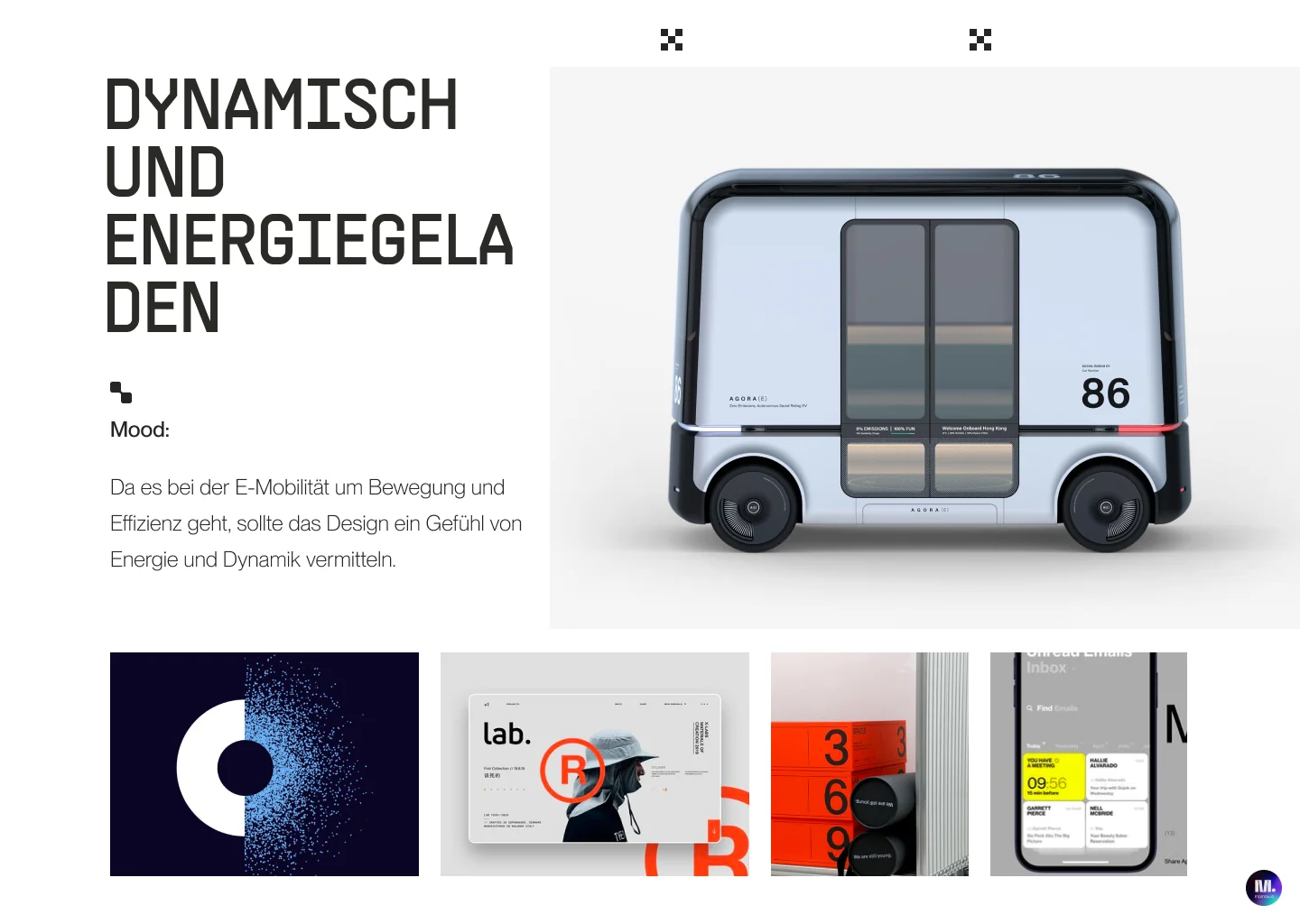 Moodboard für die Website swiss-emobility.ch, zeigt modernes E-Mobilitäts-Design mit futuristischem Fahrzeug, dynamischen Grafiken und energiegeladenen Farbakzenten.