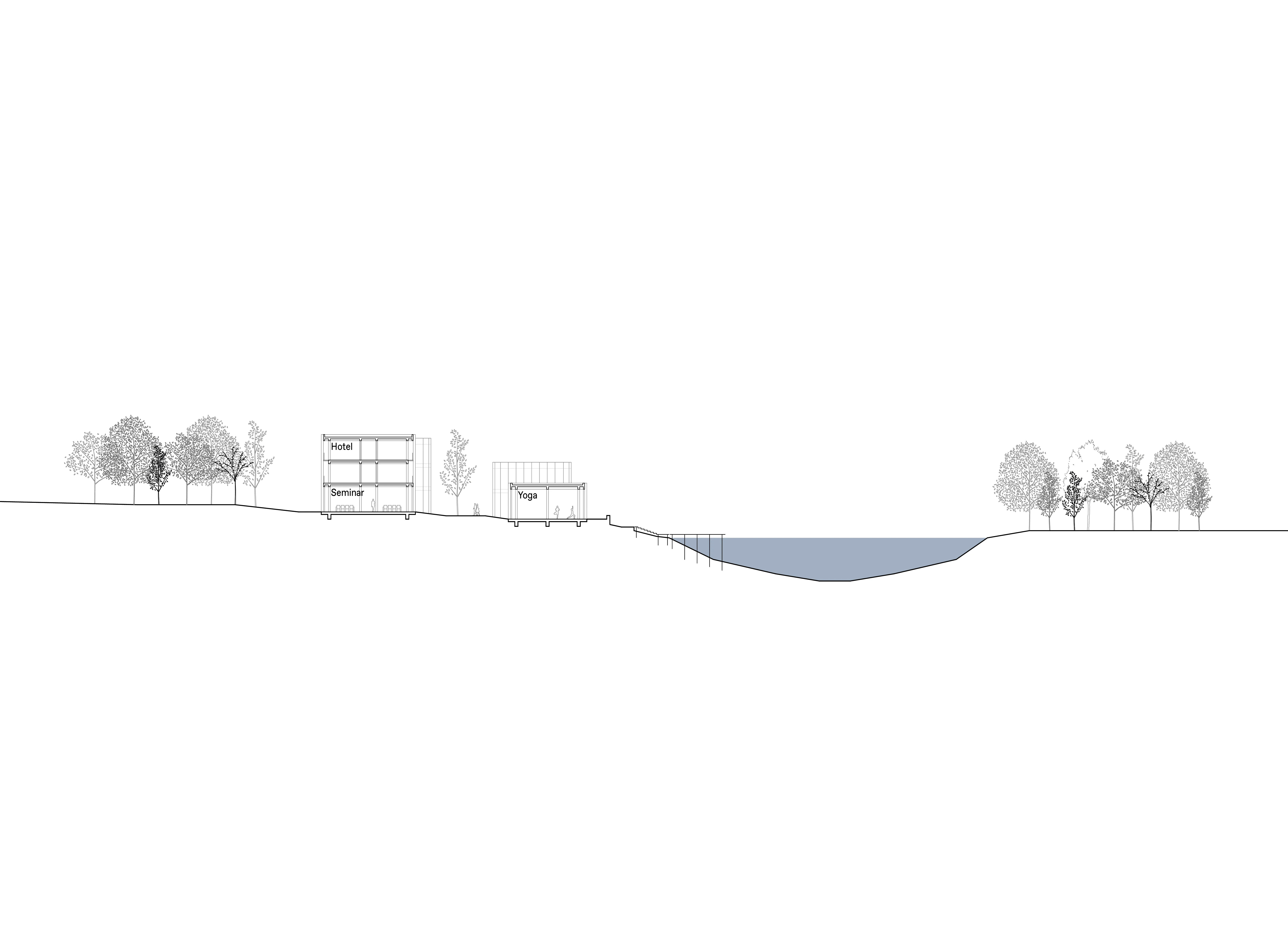 Quer­schnitt durch Neubauten, Zwischenräume und Kanal im Projekt Kraftwerk Heegermühle in Eberswalde mit räumlicher Zonierung