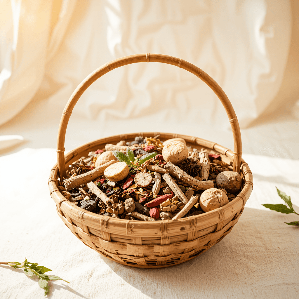 product photography of a basket of assorted herbal ingredients for traditional medicine